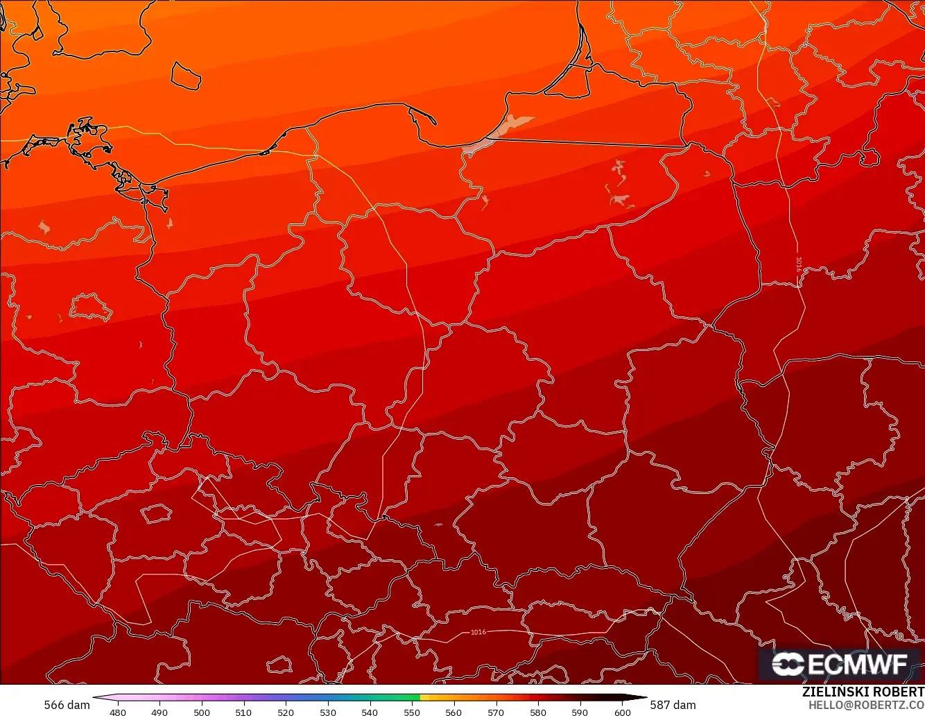 ECMWF IFS 0.25° modelo - Polonia, Altura geopotencial a 500 hPa