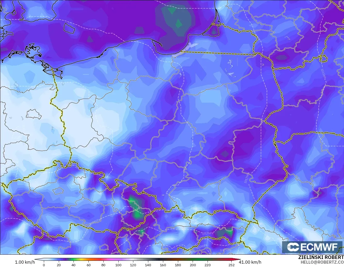 ECMWF IFS 0.25° modelo - Polonia, Ráfagas de Viento Máximas