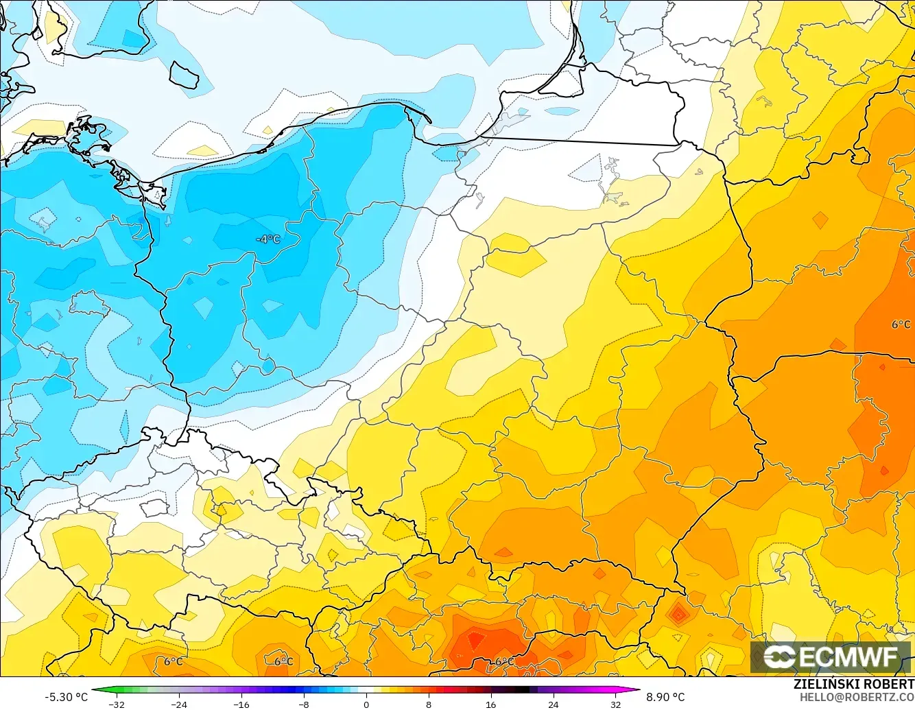 ECMWF IFS 0.25° modelo - Polonia, Anomalía de temperatura a 2 m