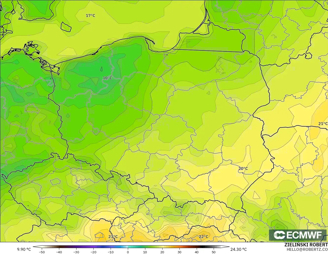 ECMWF IFS 0.25° modelo - Polonia, Temperatura a 2 m