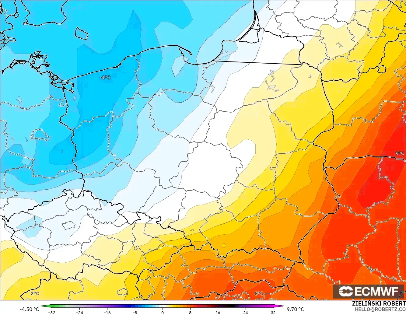 ECMWF IFS 0.25° modelo - Polonia, Anomalía de temperatura a 850 hPa
