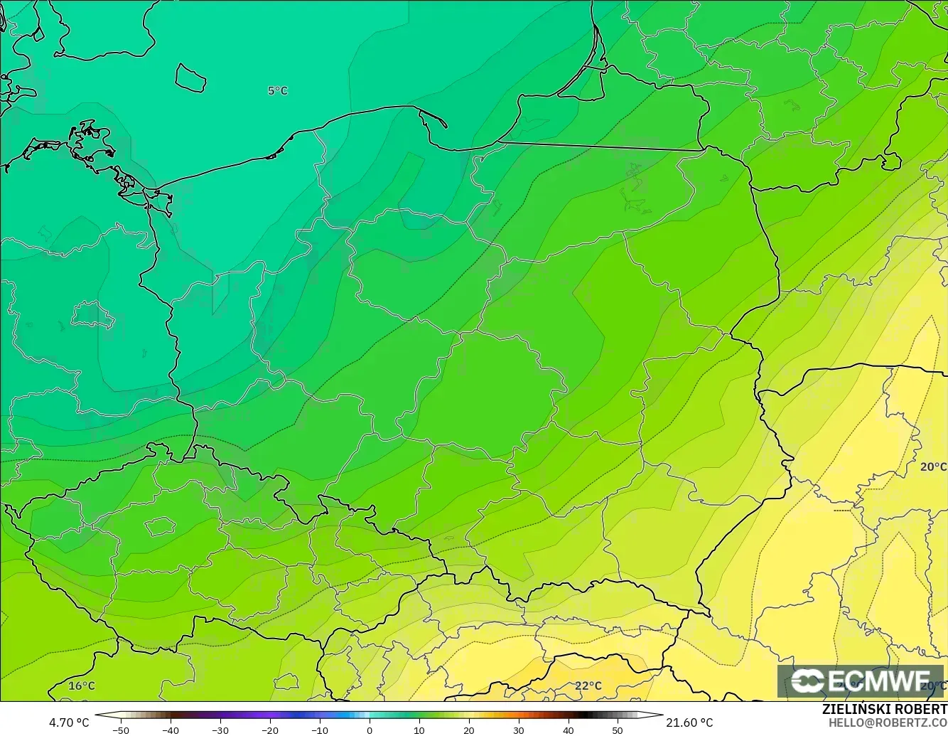 ECMWF IFS 0.25° modelo - Polonia, Temperatura a 850 hPa