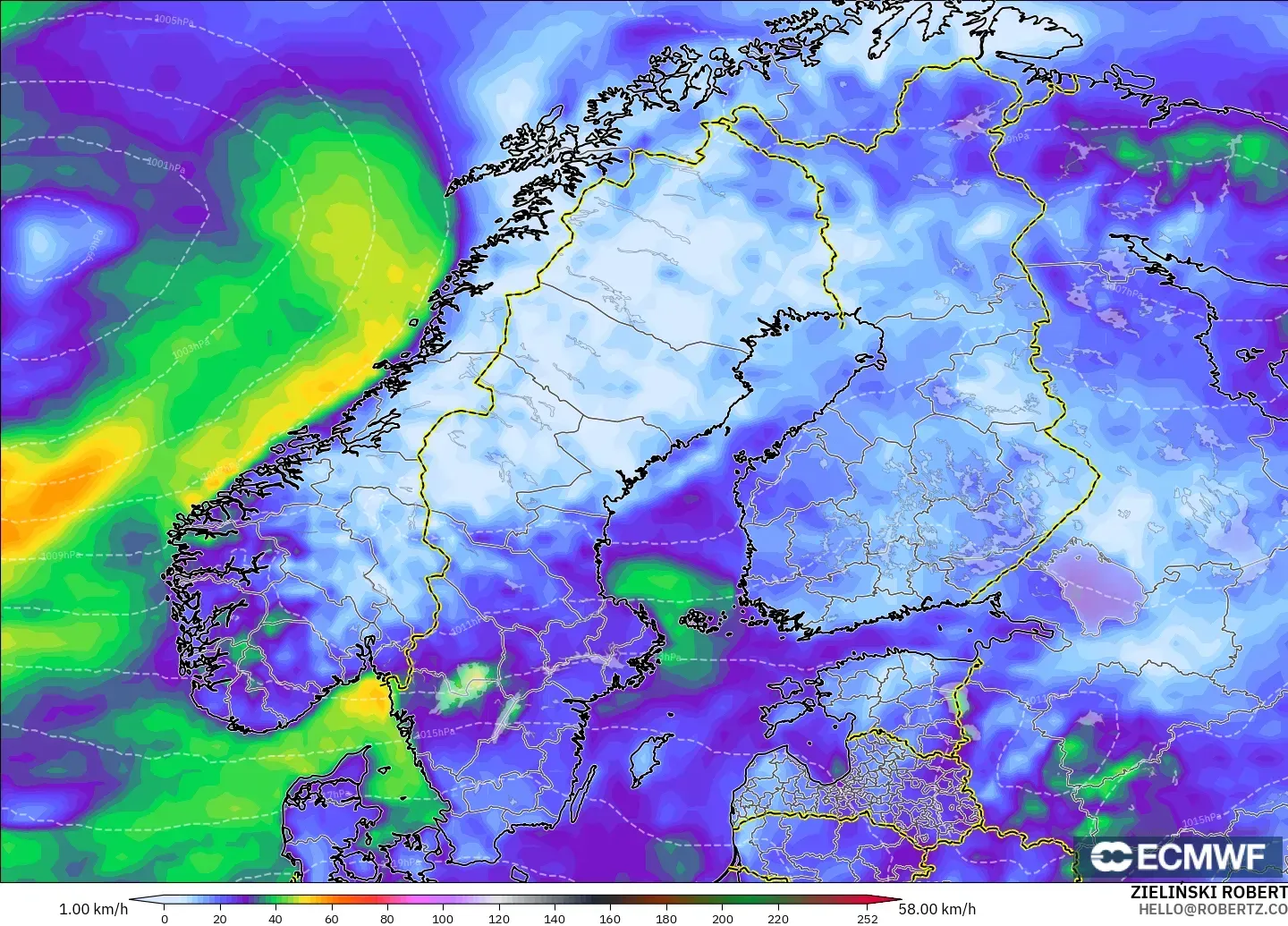 ECMWF IFS 0.25° modelo - Escandinavia, Ráfagas de viento