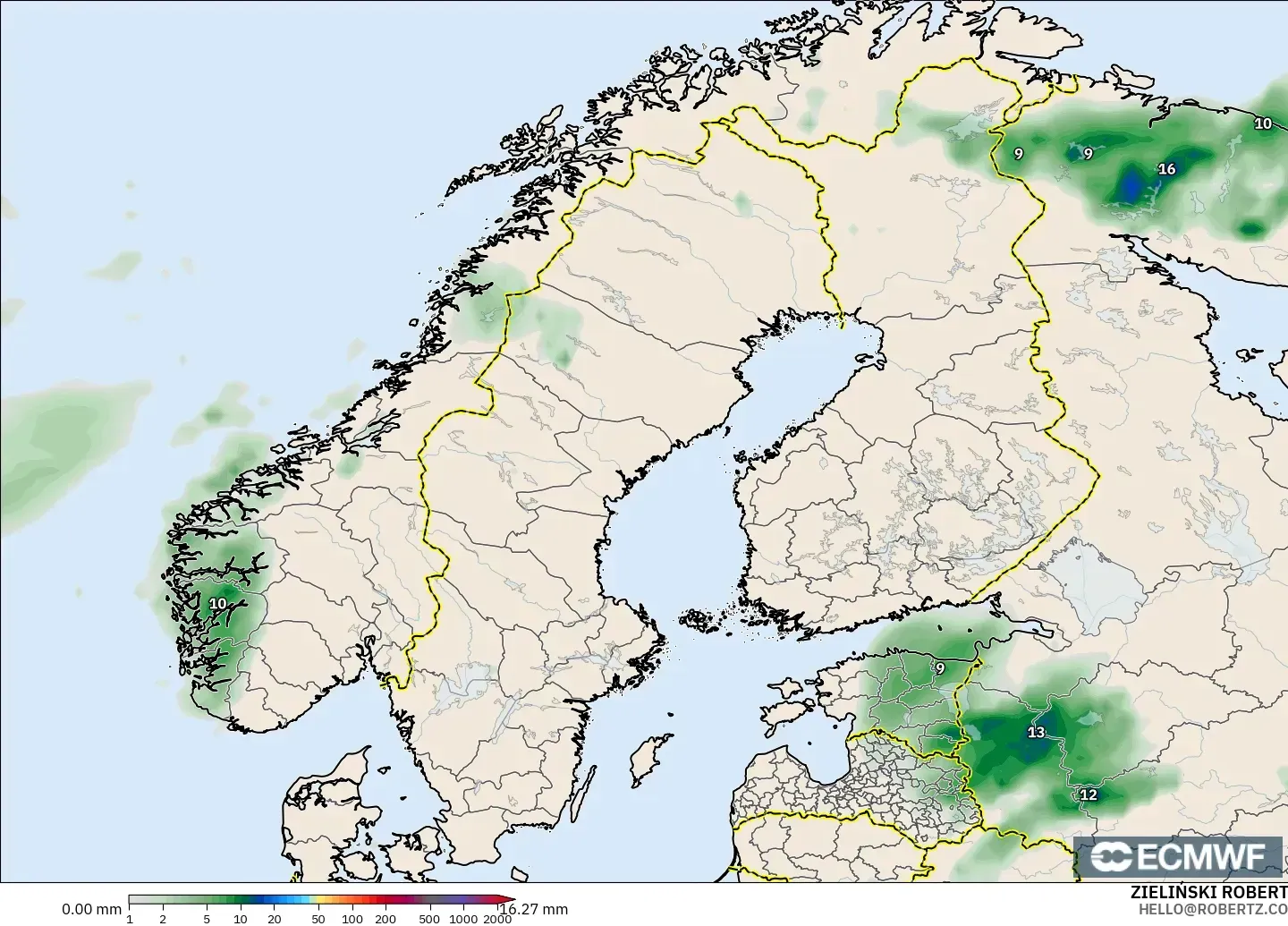 ECMWF IFS 0.25° modelo - Escandinavia, Acumulación de precipitación