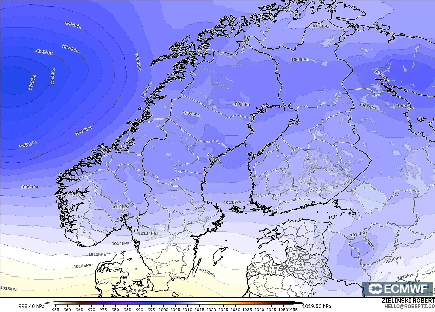 ECMWF IFS 0.25° modelo - Escandinavia, Presión