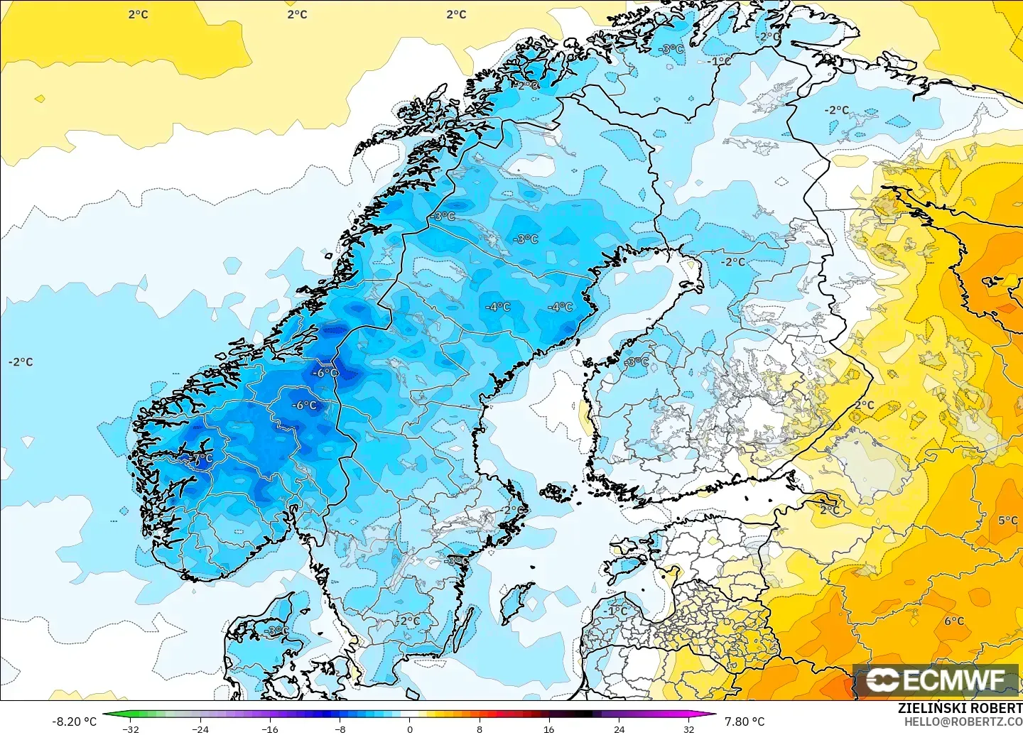 ECMWF IFS 0.25° modelo - Escandinavia, Anomalía de temperatura a 2 m