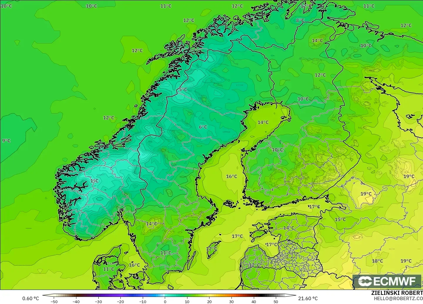 ECMWF IFS 0.25° modelo - Escandinavia, Temperatura a 2 m