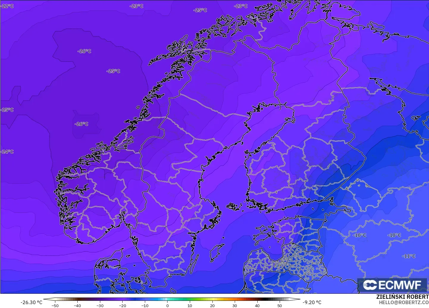 ECMWF IFS 0.25° modelo - Escandinavia, Temperatura a 500 hPa