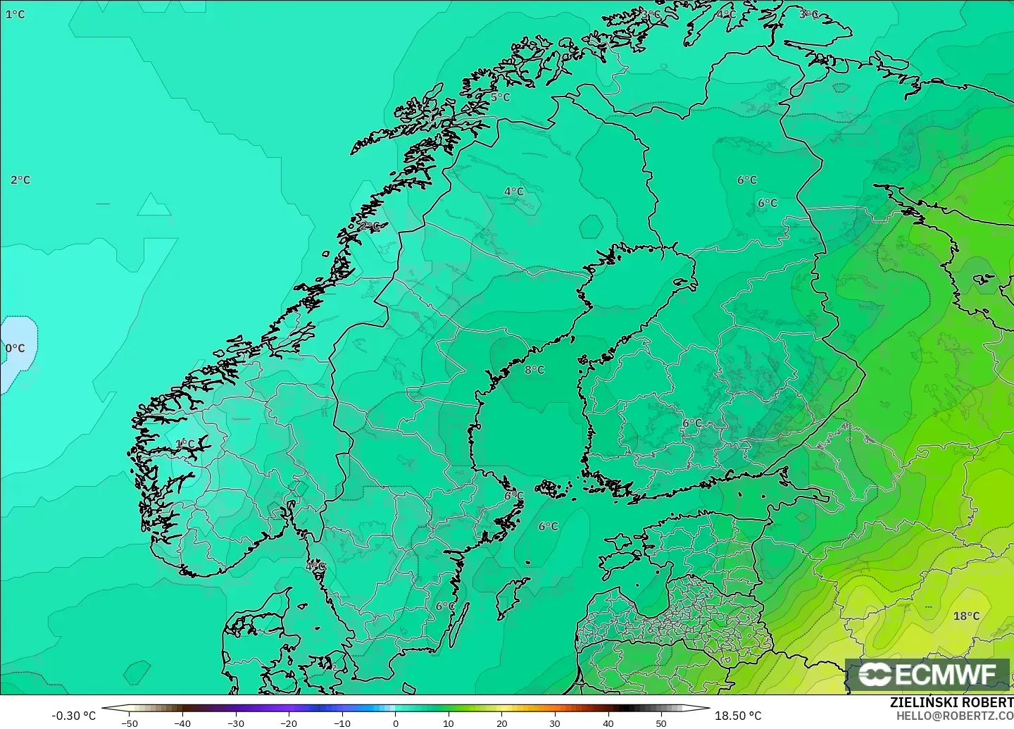 ECMWF IFS 0.25° modelo - Escandinavia, Temperatura a 850 hPa
