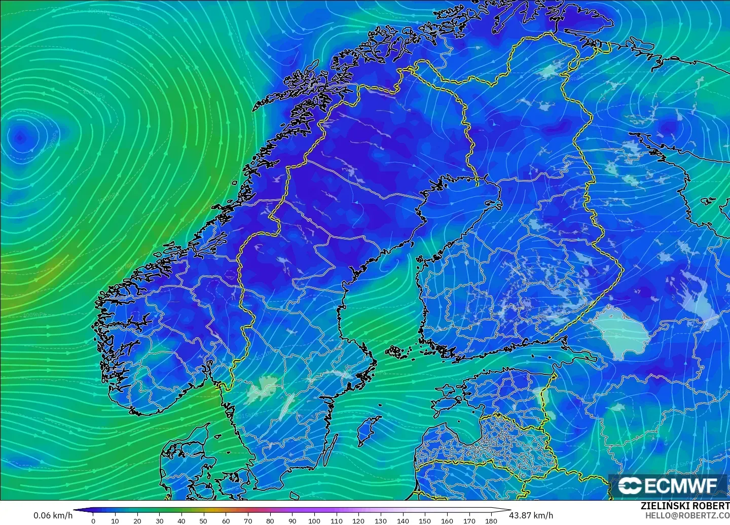ECMWF IFS 0.25° modelo - Escandinavia, Viento a 10 m