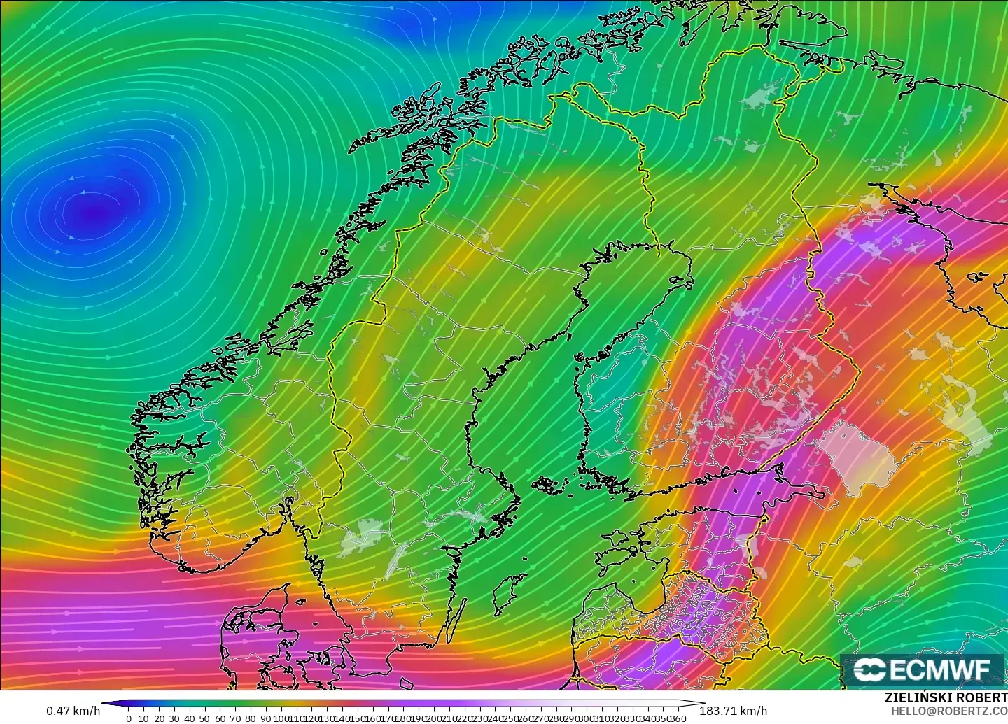 ECMWF IFS 0.25° modelo - Escandinavia, Viento a 300 hPa (corriente en chorro)