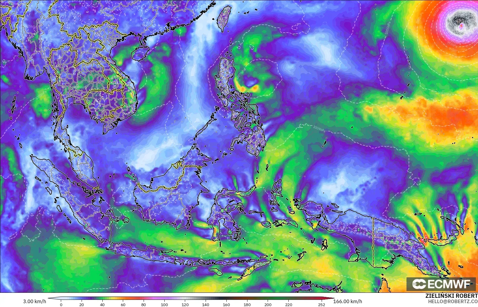 ECMWF IFS 0.25° modelo - Sudeste Asiático, Ráfagas de Viento Máximas