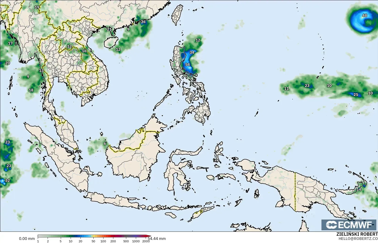 ECMWF IFS 0.25° modelo - Sudeste Asiático, Acumulación de precipitación