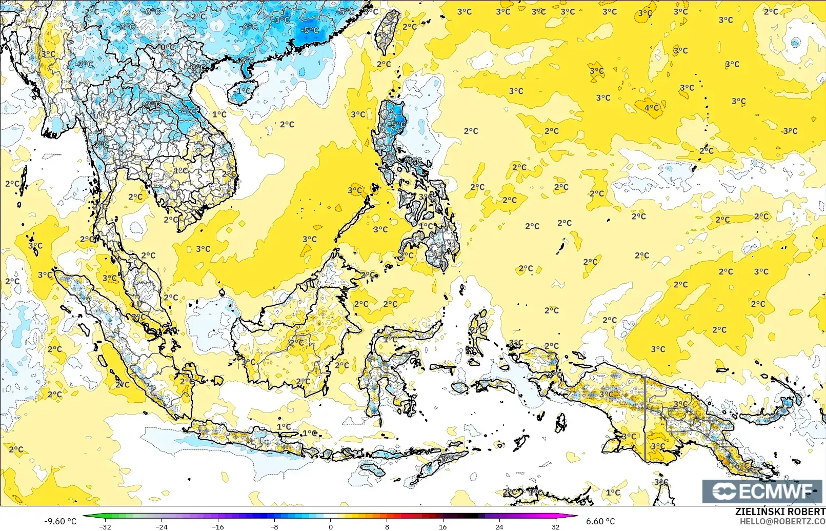 ECMWF IFS 0.25° modelo - Sudeste Asiático, Anomalía de temperatura a 2 m