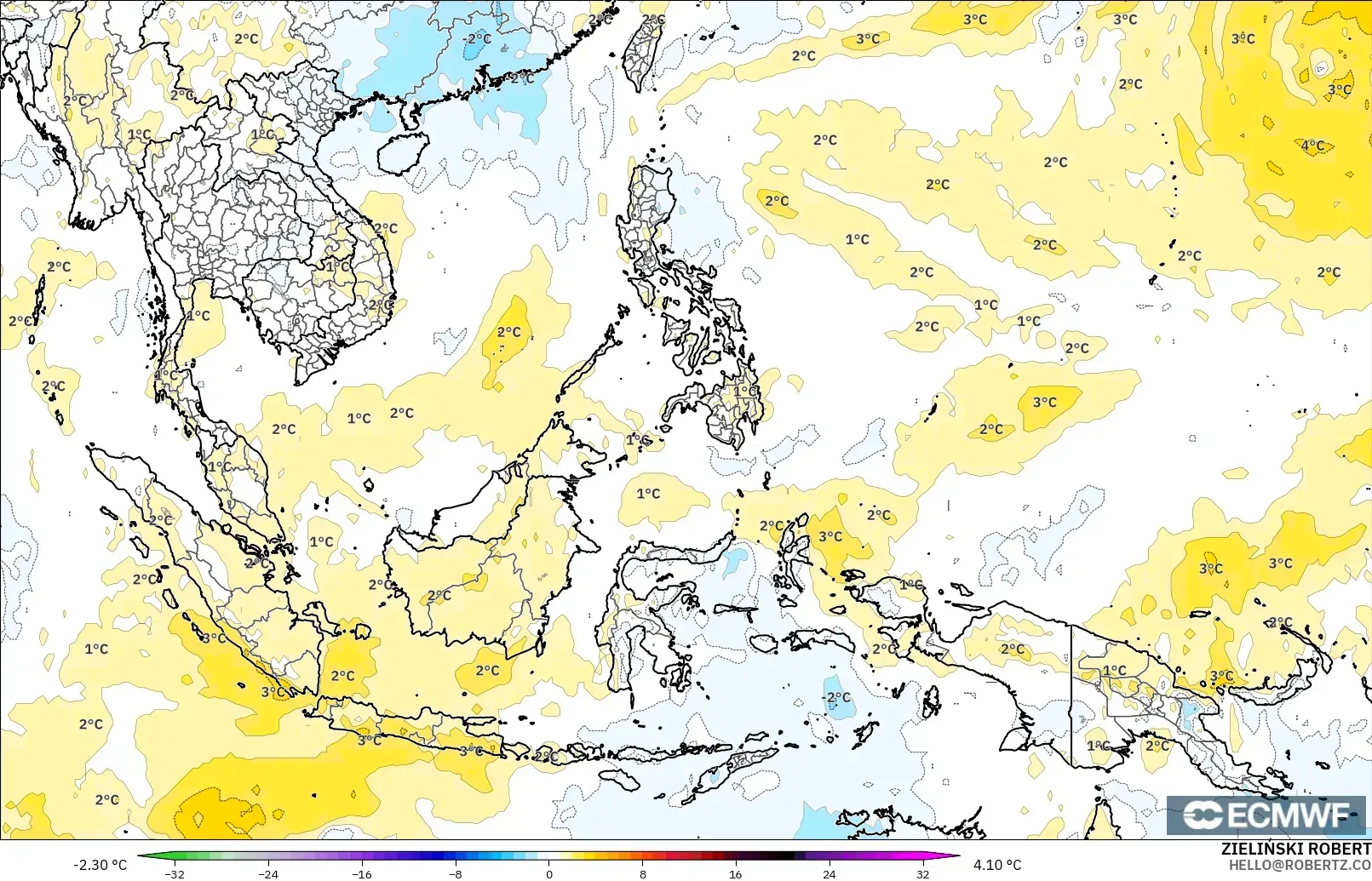 ECMWF IFS 0.25° modelo - Sudeste Asiático, Anomalía de temperatura a 850 hPa