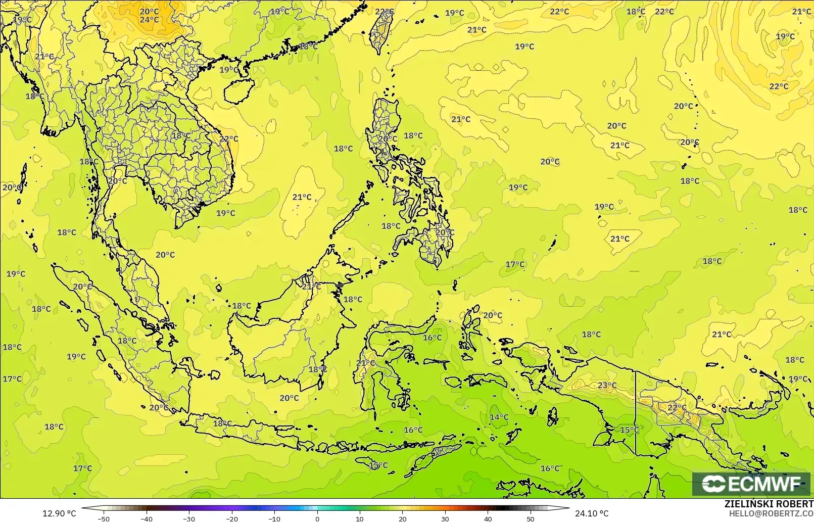 ECMWF IFS 0.25° modelo - Sudeste Asiático, Temperatura a 850 hPa