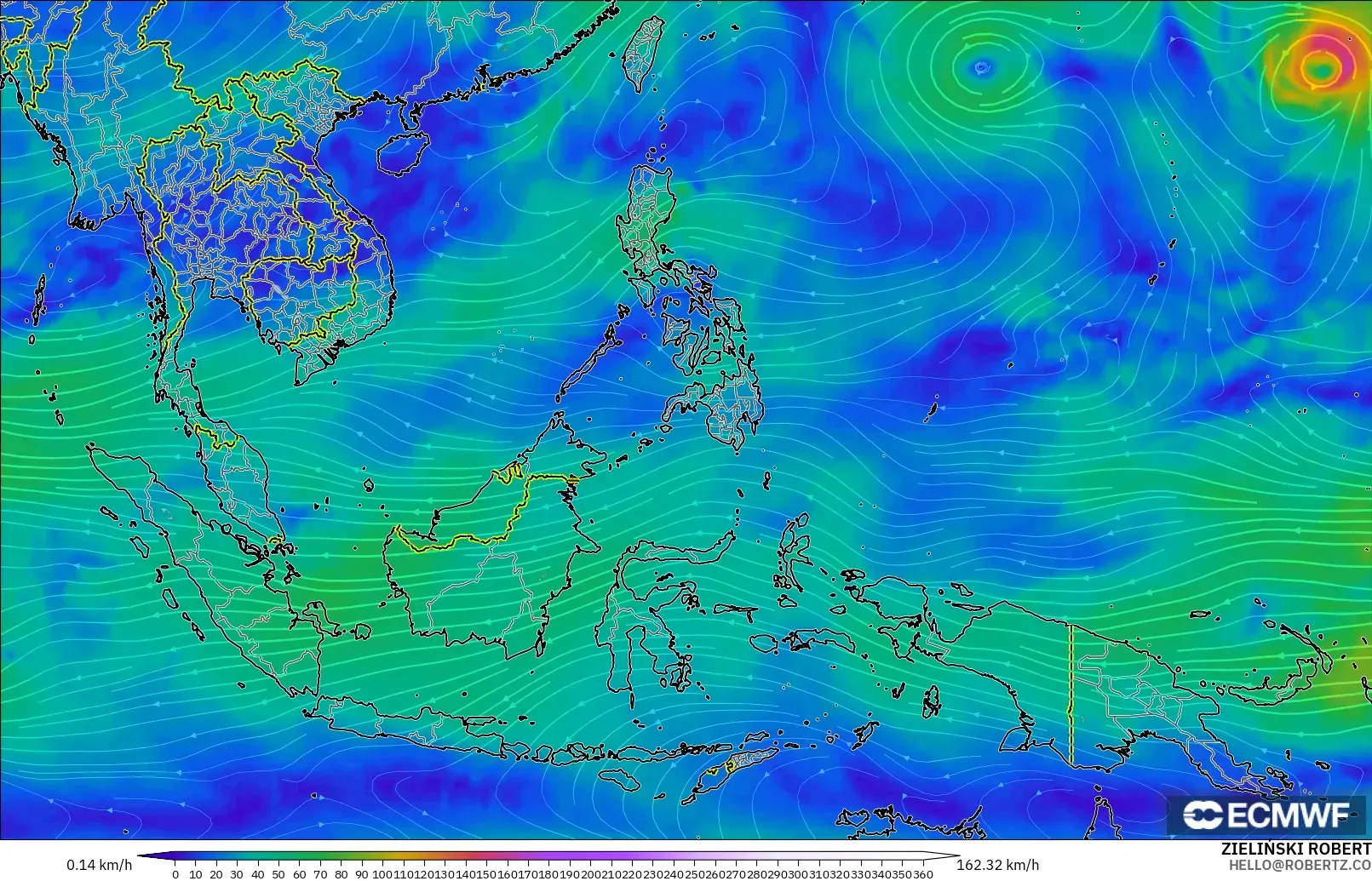 ECMWF IFS 0.25° modelo - Sudeste Asiático, Viento a 300 hPa (corriente en chorro)