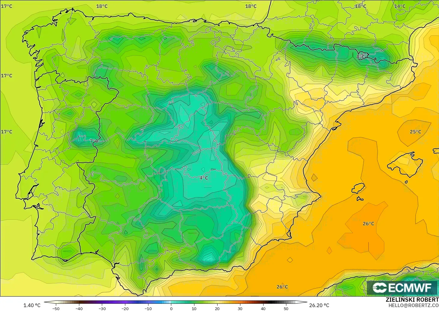 ECMWF IFS 0.25° modelo - España, Punto de rocío a 2 m