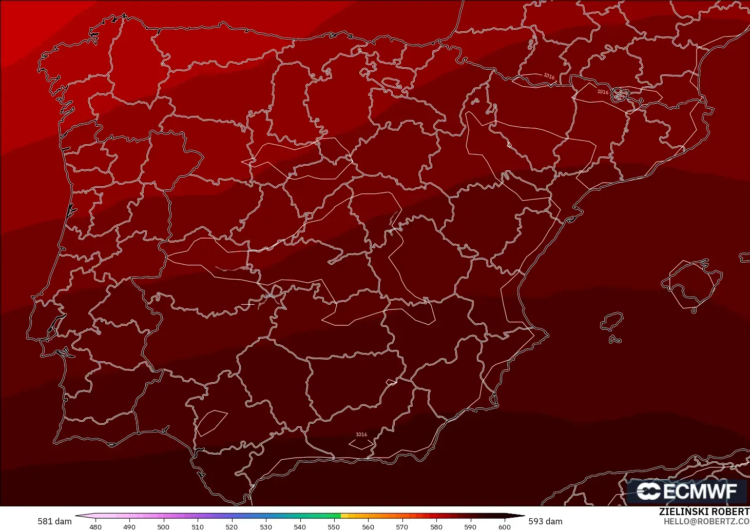 ECMWF IFS 0.25° modelo - España, Altura geopotencial a 500 hPa