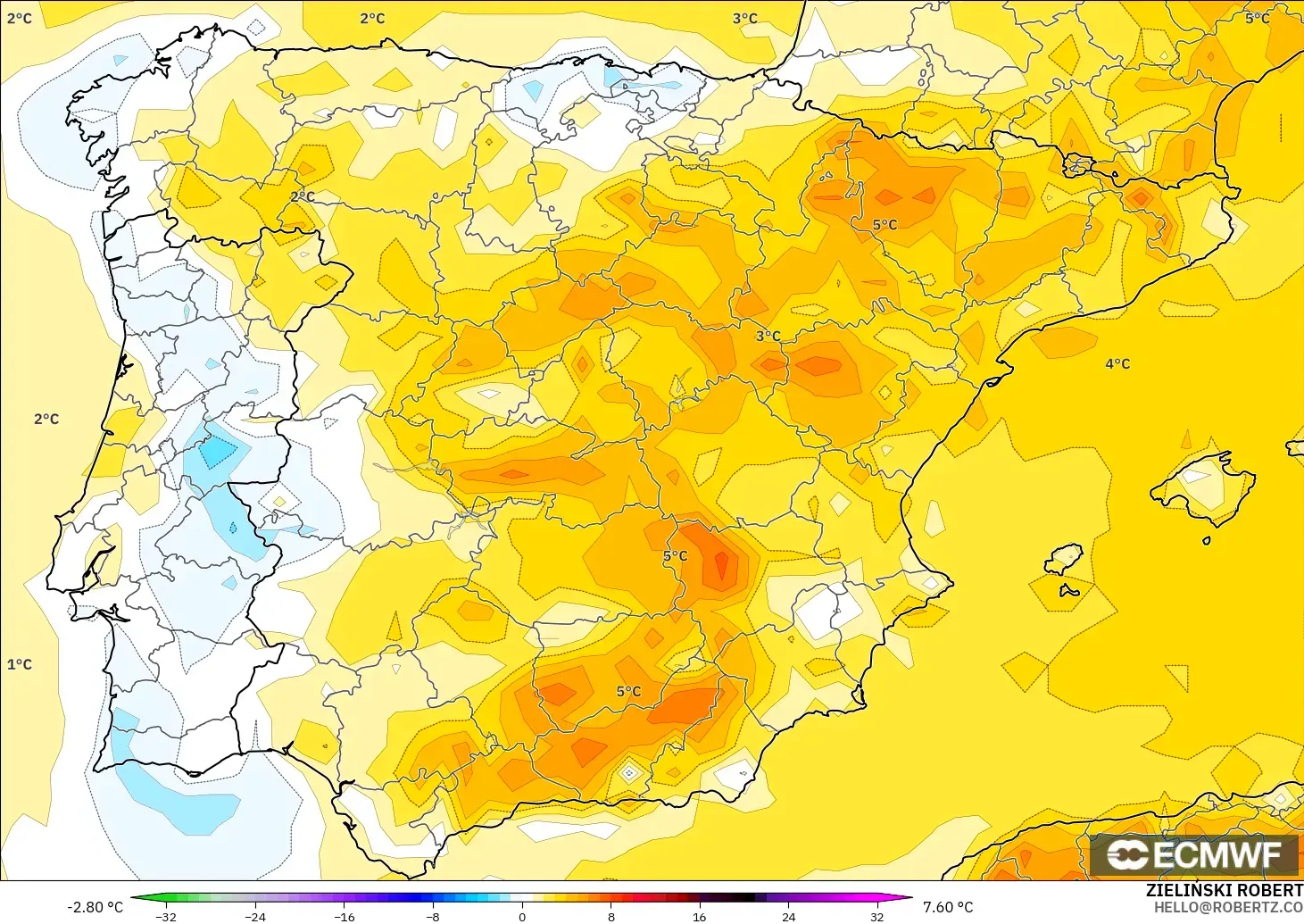 ECMWF IFS 0.25° modelo - España, Anomalía de temperatura a 2 m