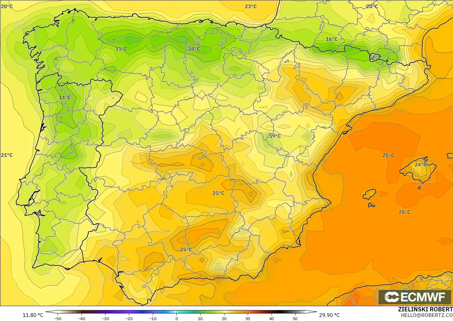 ECMWF IFS 0.25° modelo - España, Temperatura a 2 m