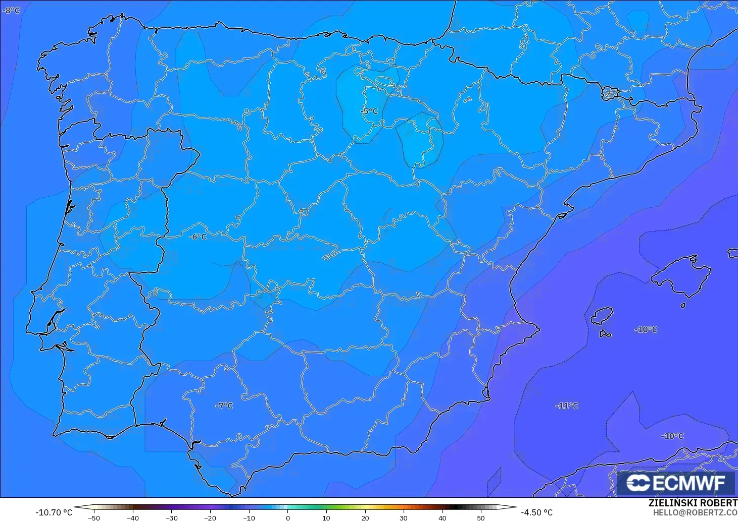 ECMWF IFS 0.25° modelo - España, Temperatura a 500 hPa