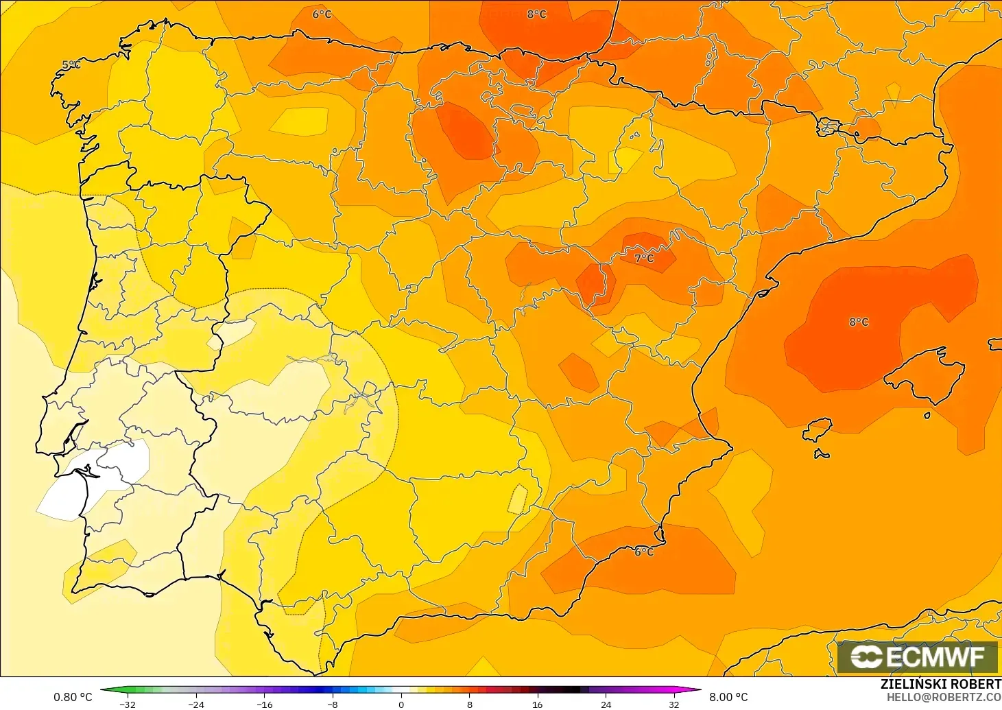 ECMWF IFS 0.25° modelo - España, Anomalía de temperatura a 850 hPa