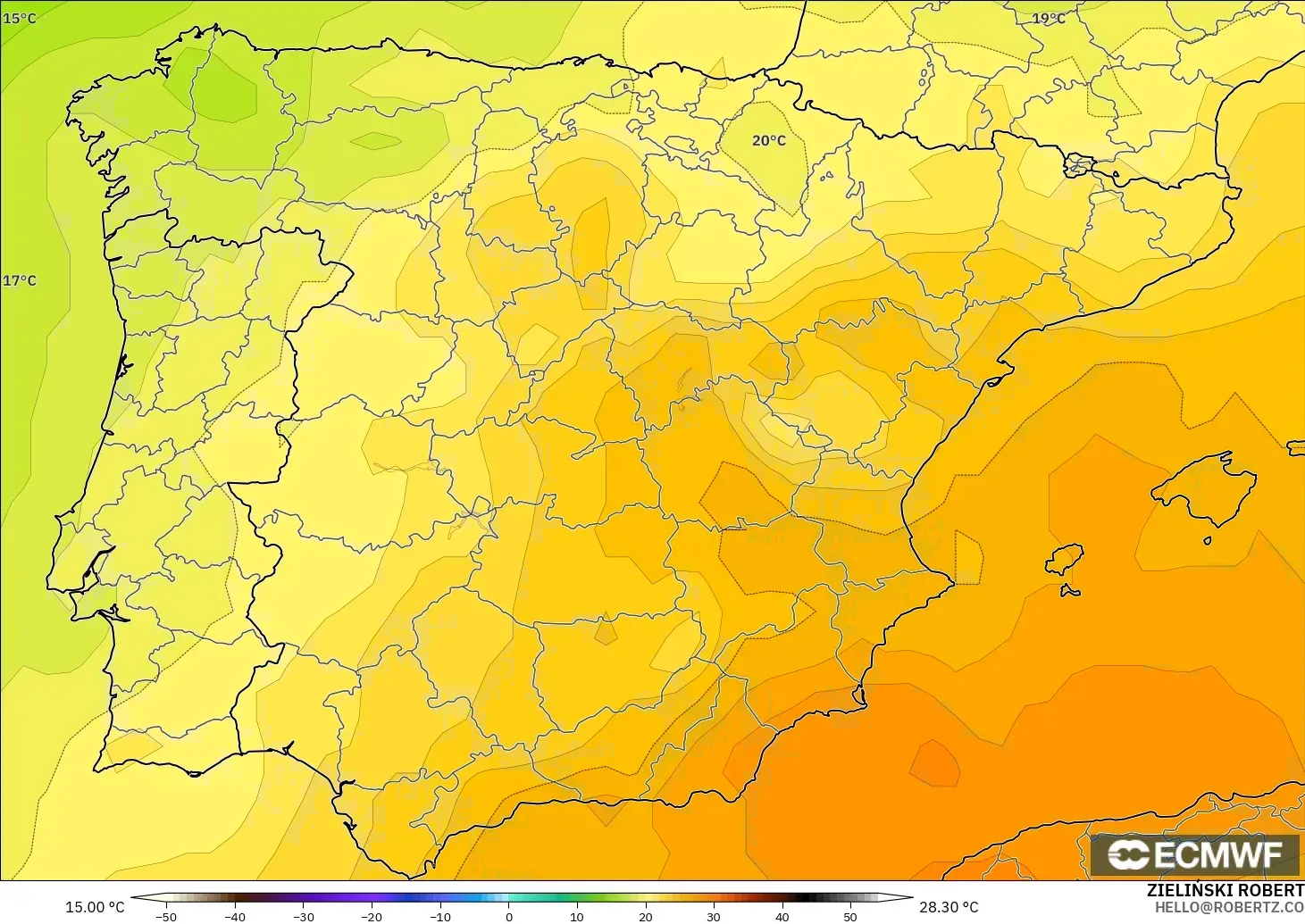 ECMWF IFS 0.25° modelo - España, Temperatura a 850 hPa