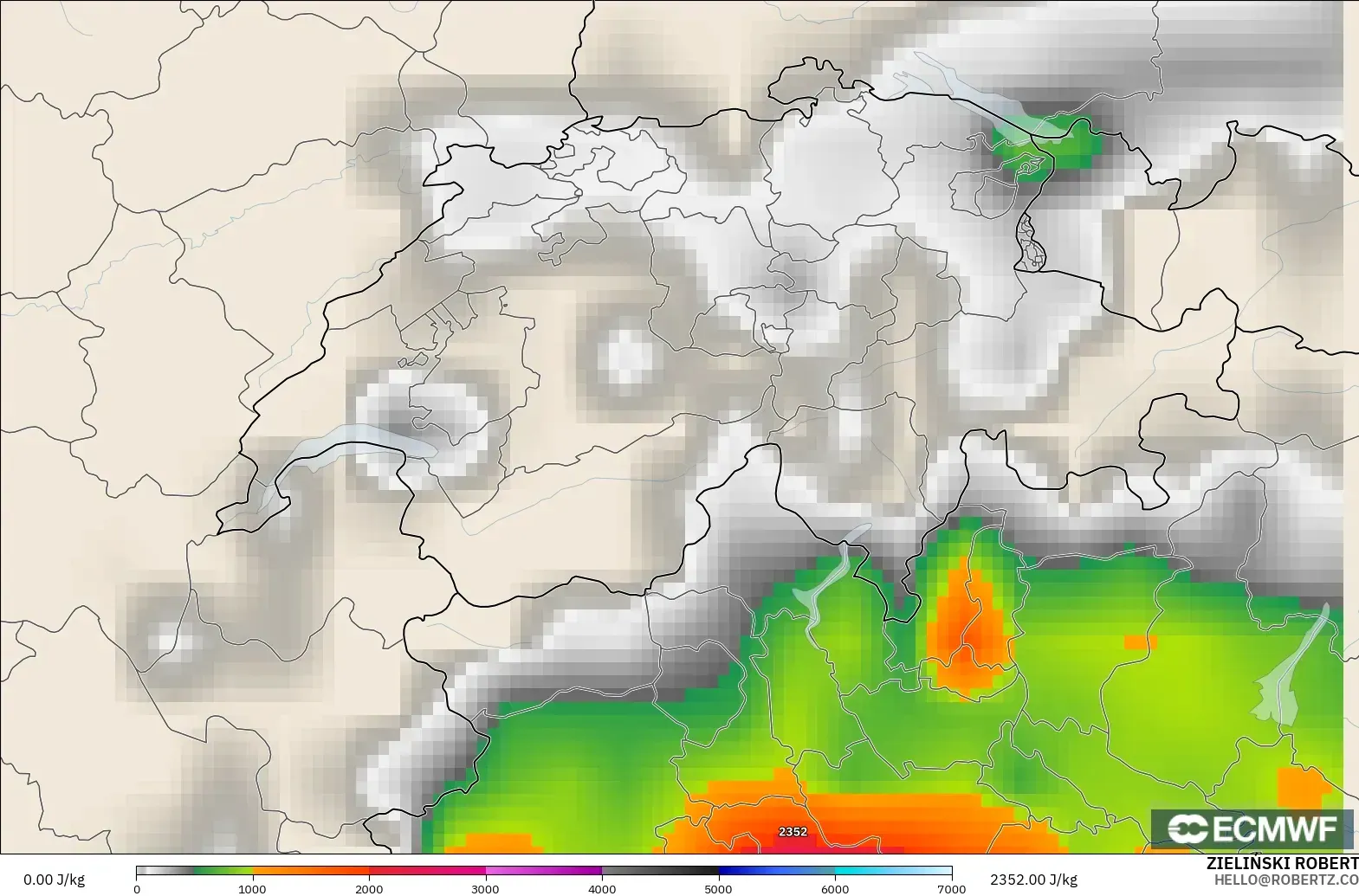 ECMWF IFS 0.25° modelo - Suiza, CAPE