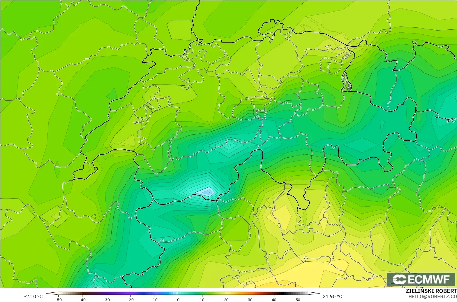 ECMWF IFS 0.25° modelo - Suiza, Punto de rocío a 2 m