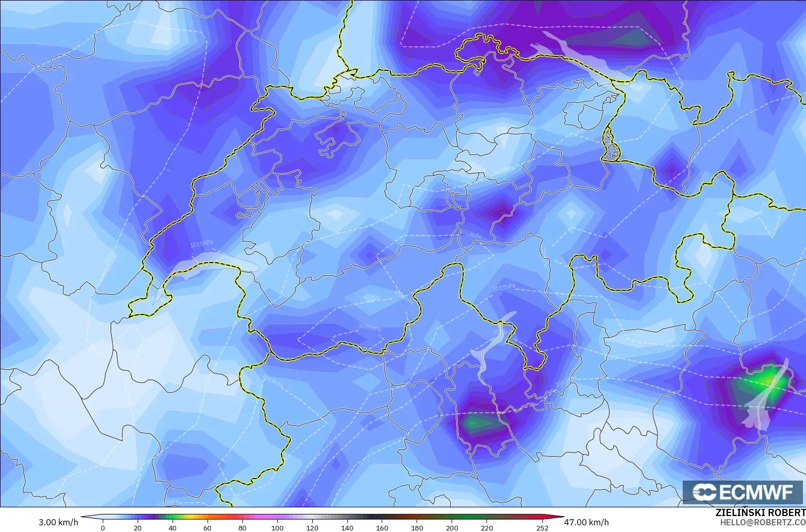 ECMWF IFS 0.25° modelo - Suiza, Ráfagas de viento