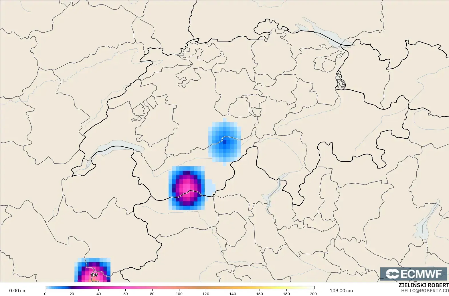 ECMWF IFS 0.25° modelo - Suiza, Profundidad de nieve