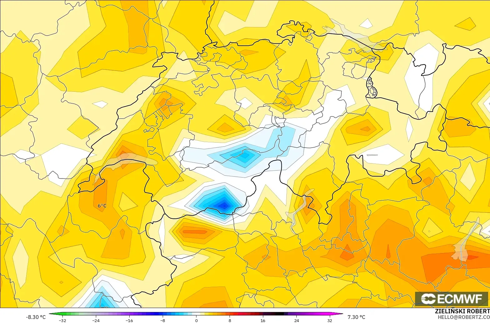 ECMWF IFS 0.25° modelo - Suiza, Anomalía de temperatura a 2 m