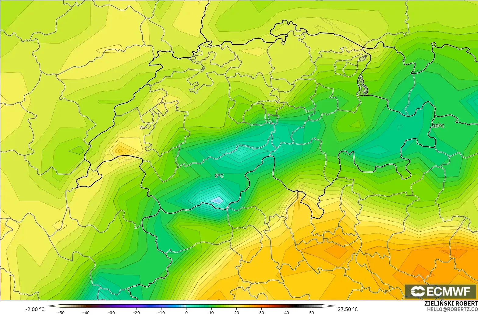 ECMWF IFS 0.25° modelo - Suiza, Temperatura a 2 m