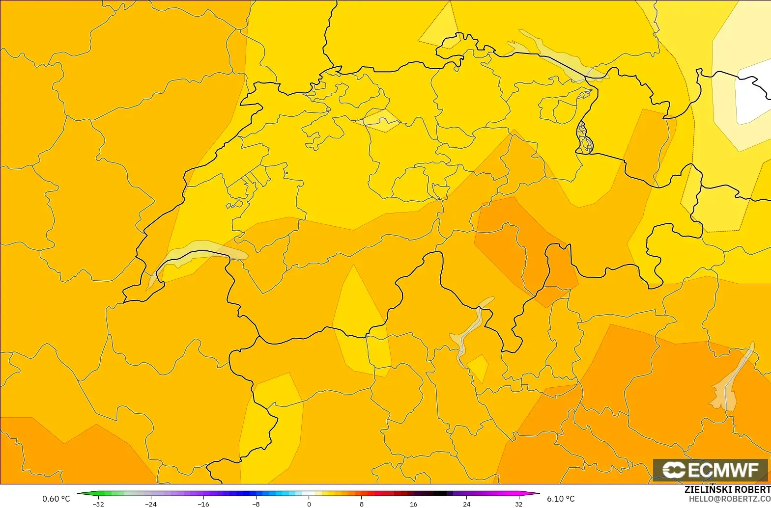 ECMWF IFS 0.25° modelo - Suiza, Anomalía de temperatura a 850 hPa