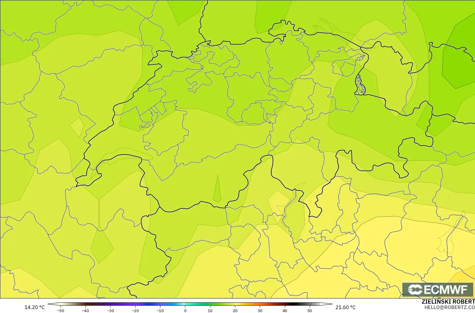 ECMWF IFS 0.25° modelo - Suiza, Temperatura a 850 hPa