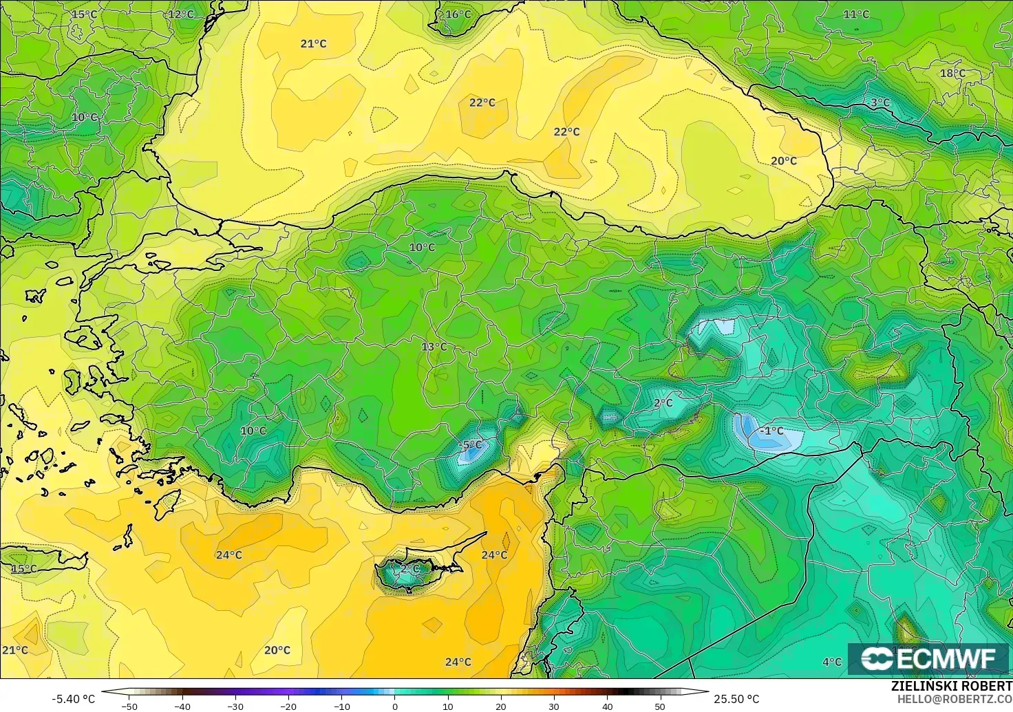 ECMWF IFS 0.25° modelo - Turquía, Punto de rocío a 2 m