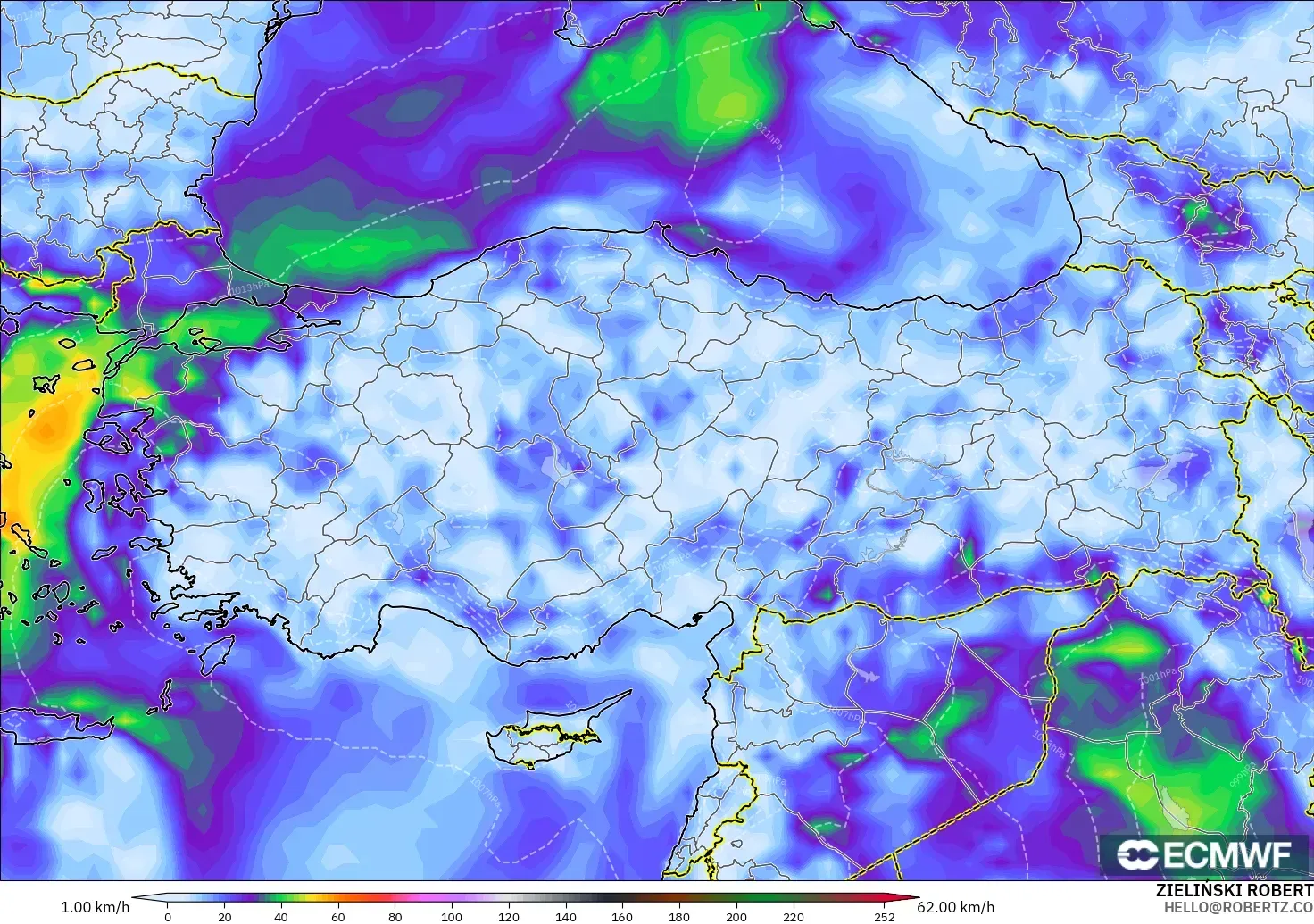ECMWF IFS 0.25° modelo - Turquía, Ráfagas de Viento Máximas