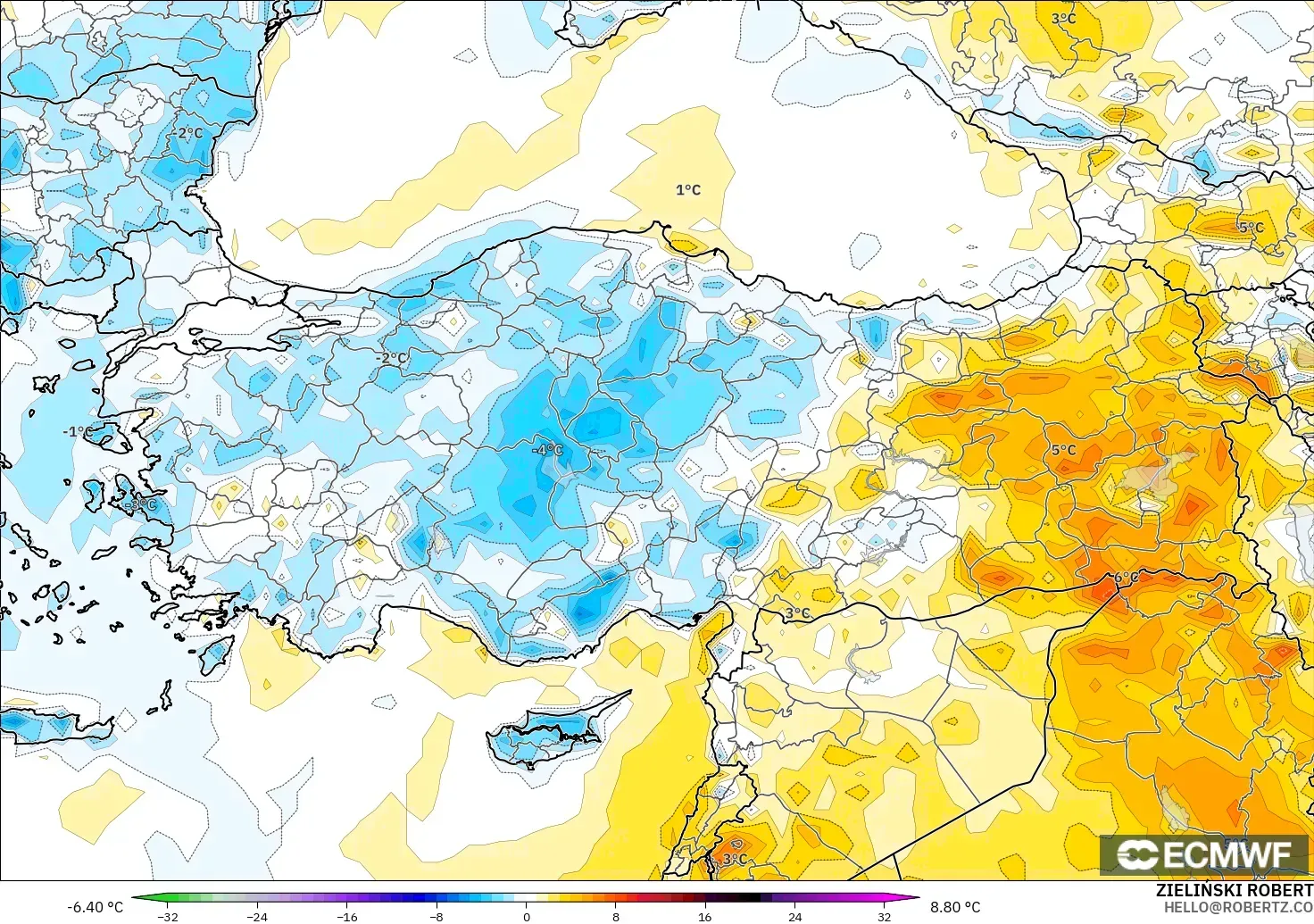 ECMWF IFS 0.25° modelo - Turquía, Anomalía de temperatura a 2 m