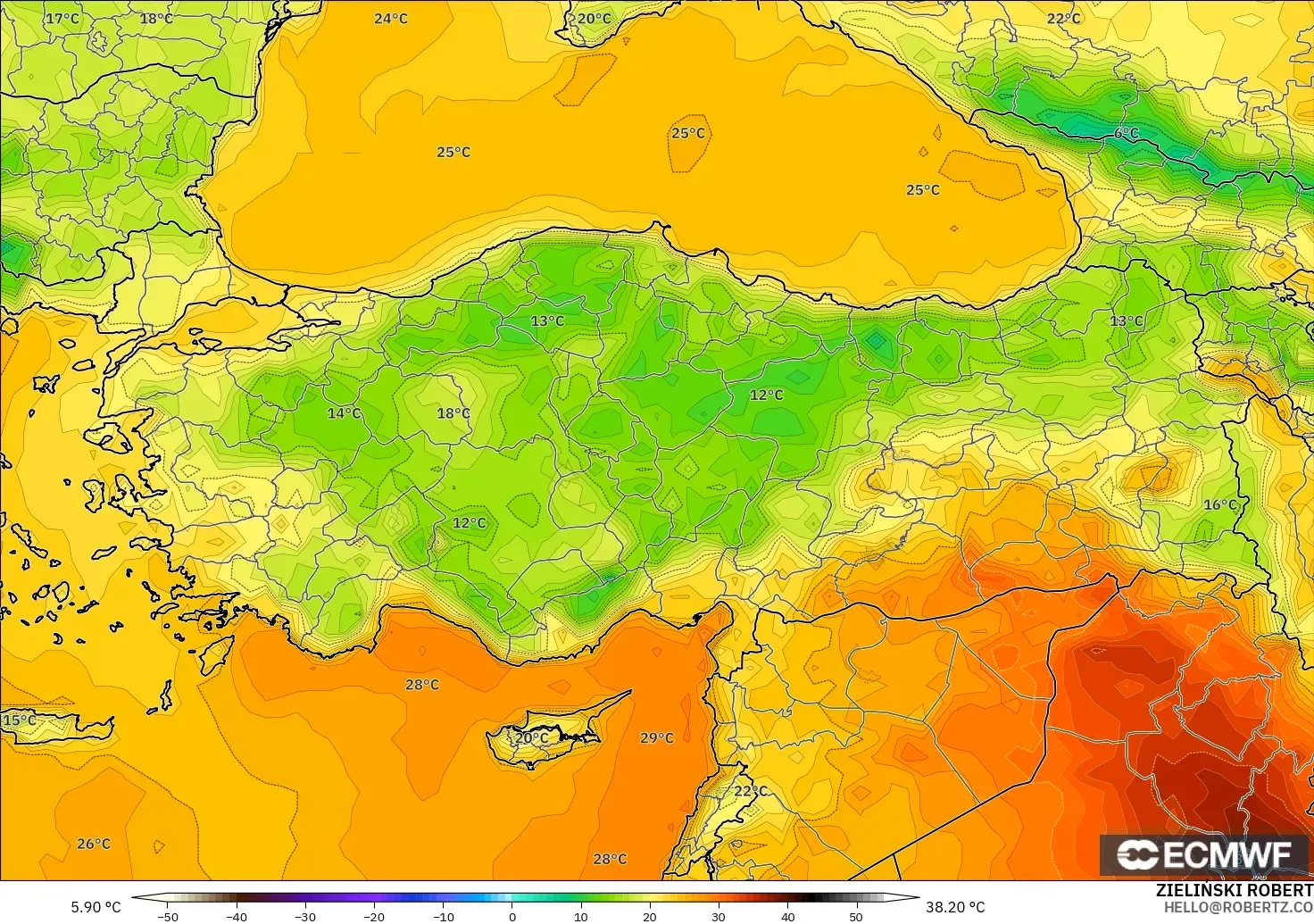ECMWF IFS 0.25° modelo - Turquía, Temperatura a 2 m