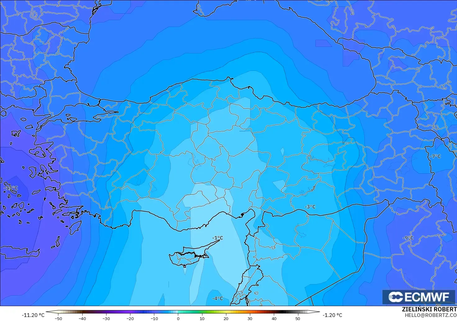 ECMWF IFS 0.25° modelo - Turquía, Temperatura a 500 hPa