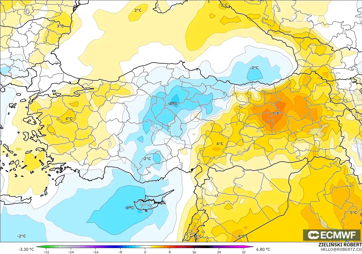 ECMWF IFS 0.25° modelo - Turquía, Anomalía de temperatura a 850 hPa