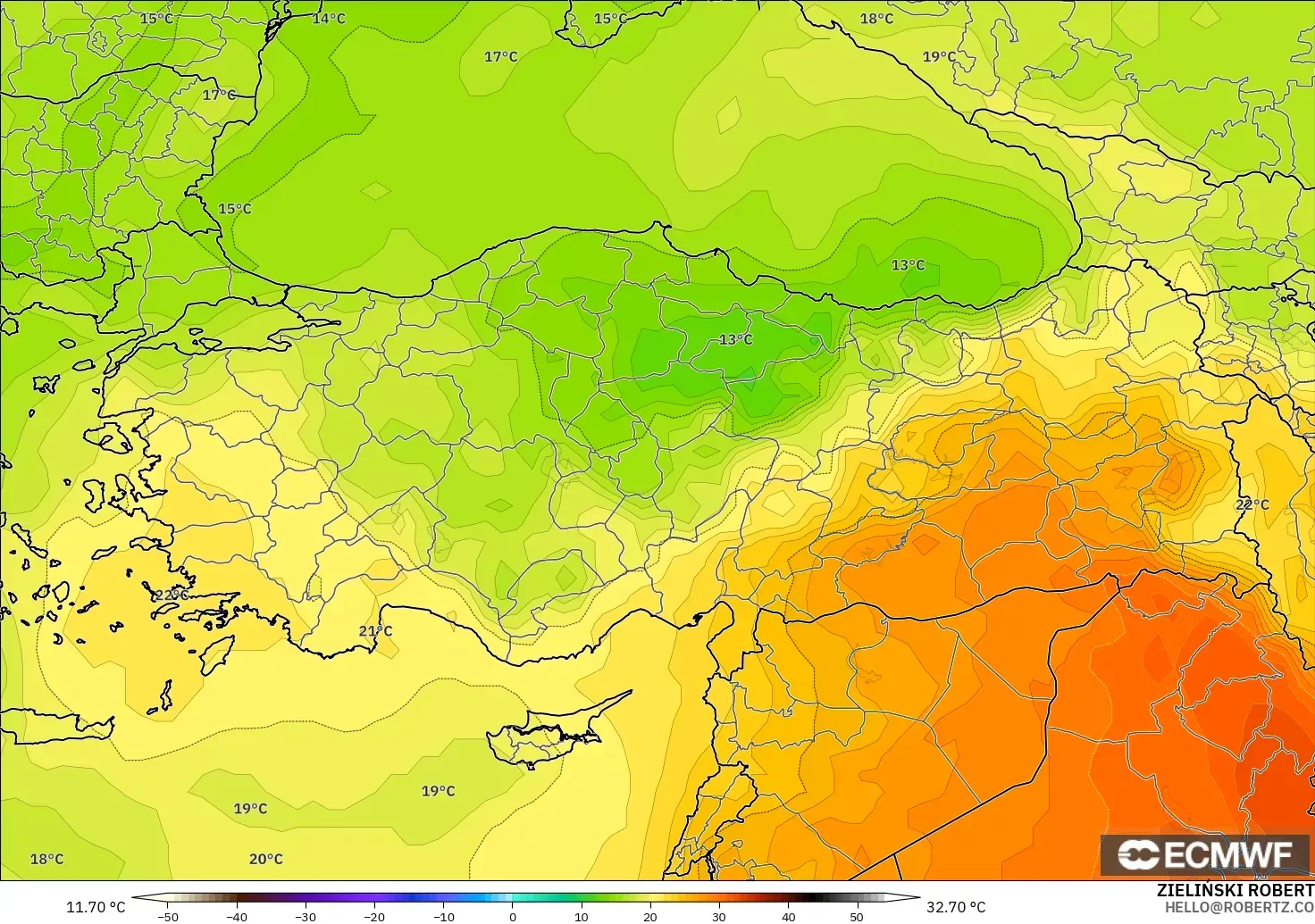 ECMWF IFS 0.25° modelo - Turquía, Temperatura a 850 hPa