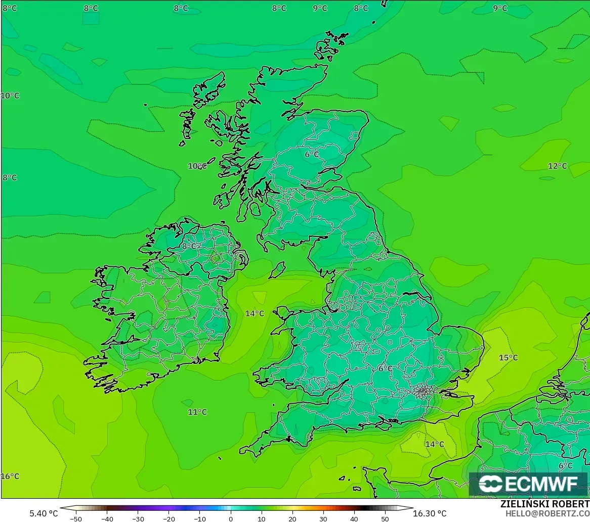 ECMWF IFS 0.25° modelo - Reino Unido, Punto de rocío a 2 m