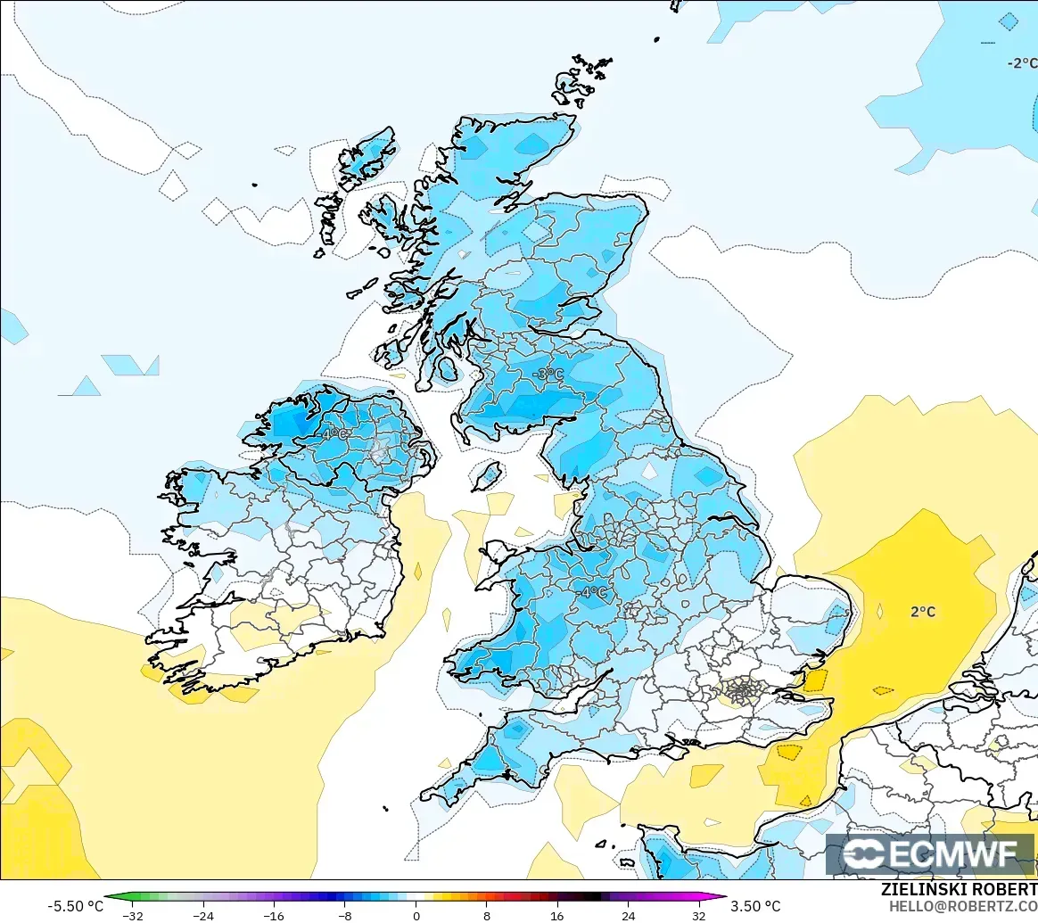 ECMWF IFS 0.25° modelo - Reino Unido, Anomalía de temperatura a 2 m
