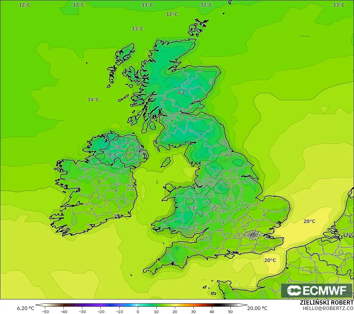 ECMWF IFS 0.25° modelo - Reino Unido, Temperatura a 2 m