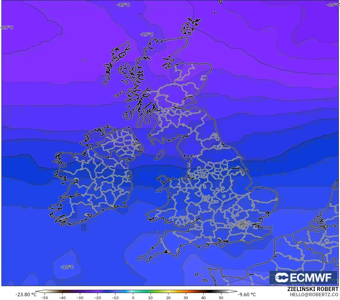 ECMWF IFS 0.25° modelo - Reino Unido, Temperatura a 500 hPa