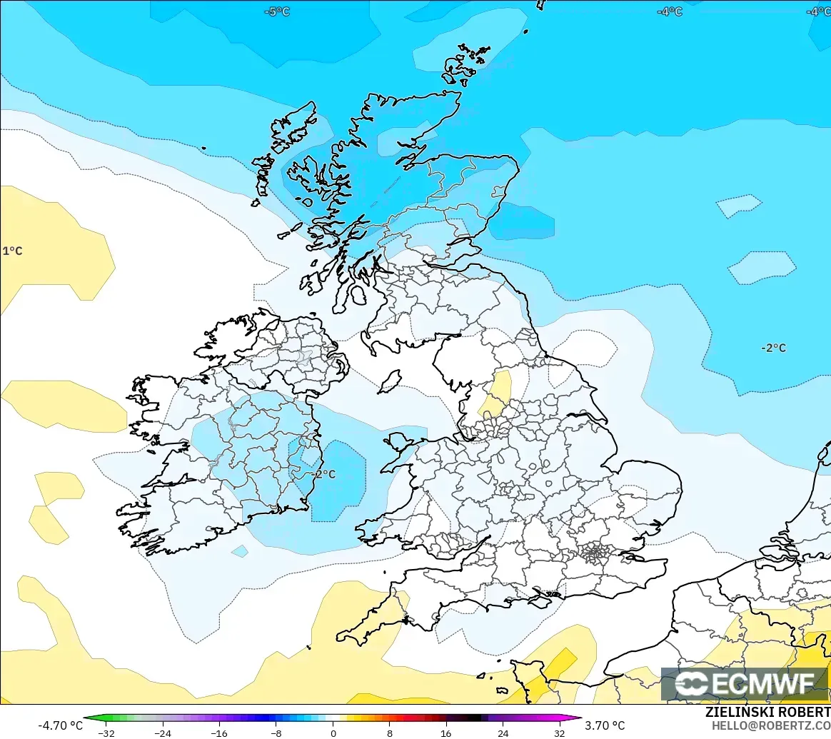 ECMWF IFS 0.25° modelo - Reino Unido, Anomalía de temperatura a 850 hPa