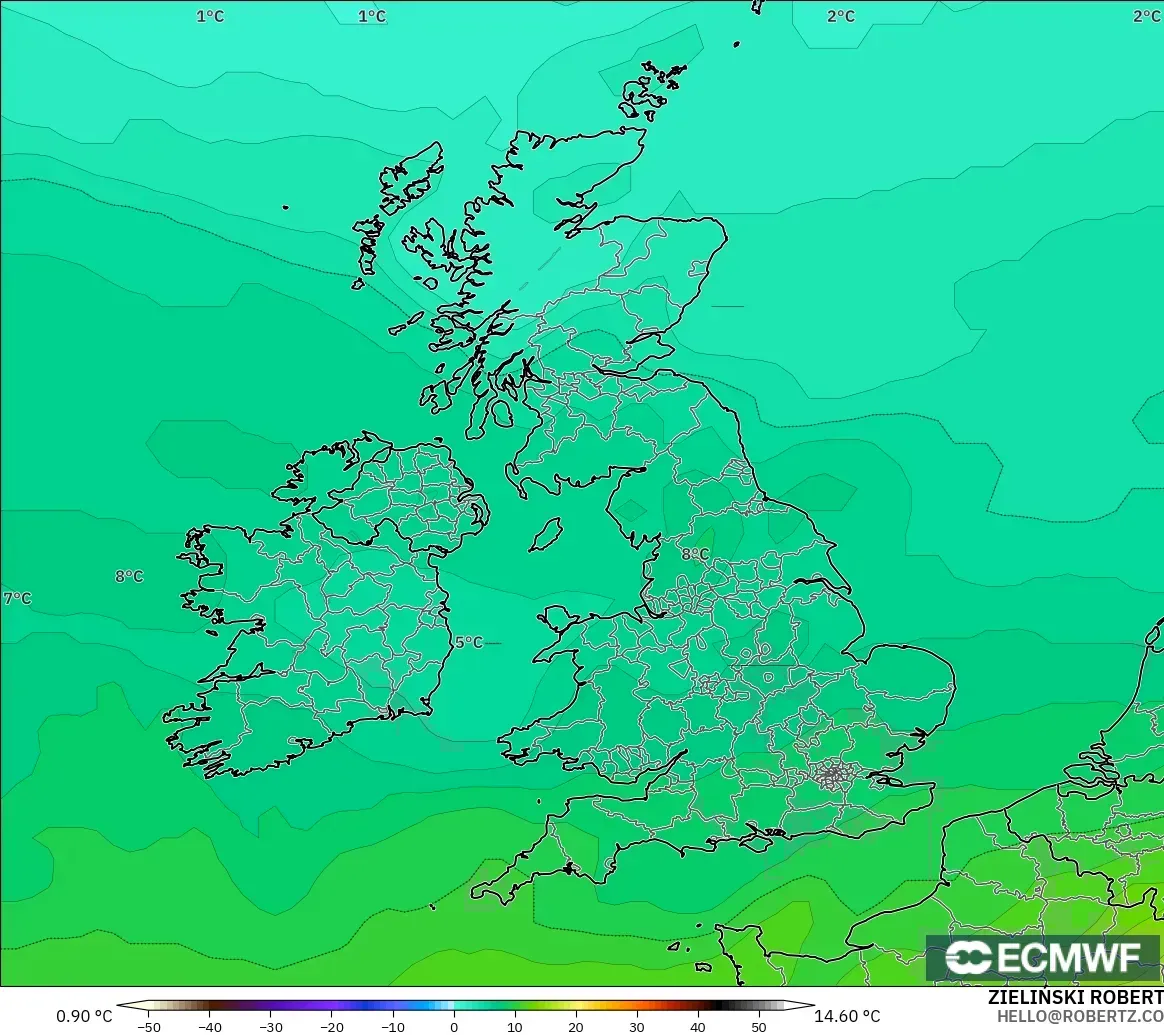 ECMWF IFS 0.25° modelo - Reino Unido, Temperatura a 850 hPa