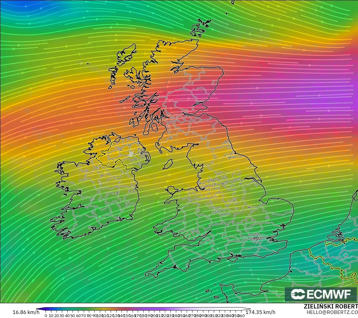 ECMWF IFS 0.25° modelo - Reino Unido, Viento a 300 hPa (corriente en chorro)